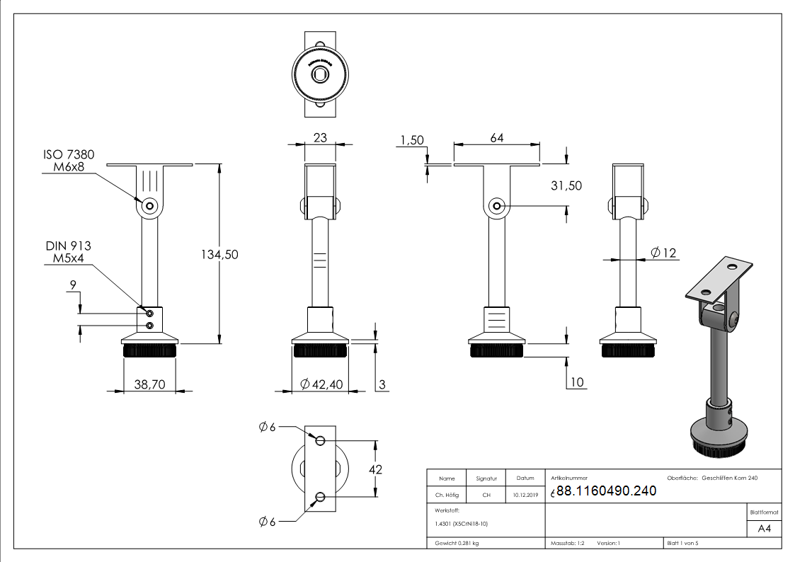 Rohrabschlussstopfen V2A Ø 42-4 mm fuer LED Handlauf mit Stift-88-1160490.240
