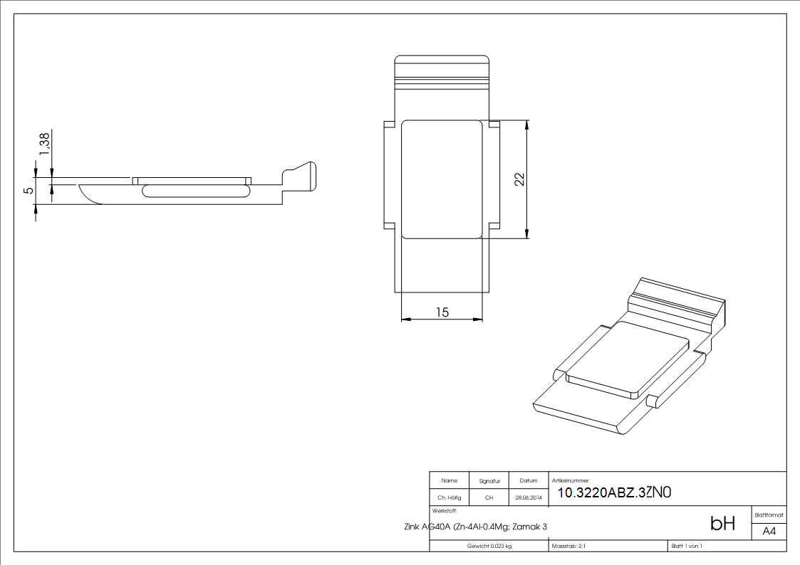 1 Sicherungsboden zu Glasklemme 55x65x37,5 mm AbZ Zink