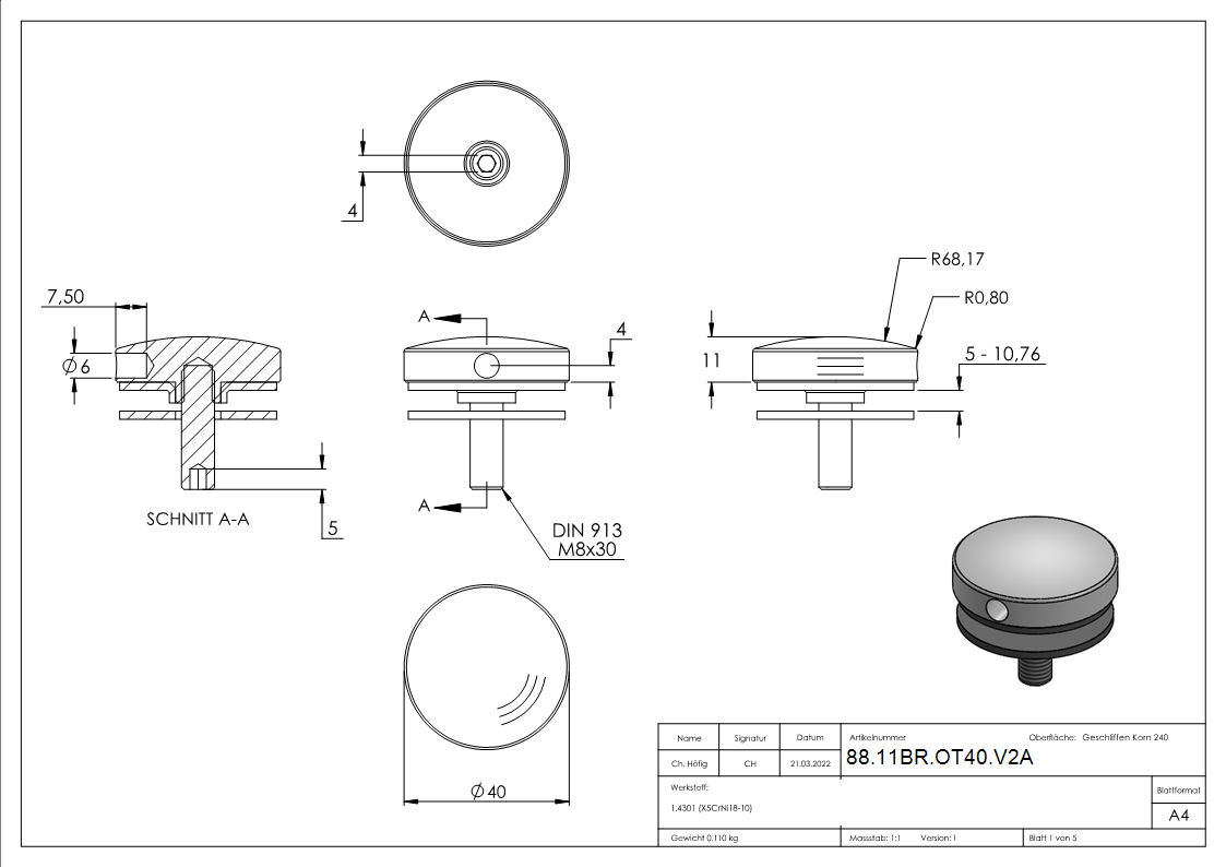 Oberteil Ø 40mm zu BRENK-fix®-Halter, V2A