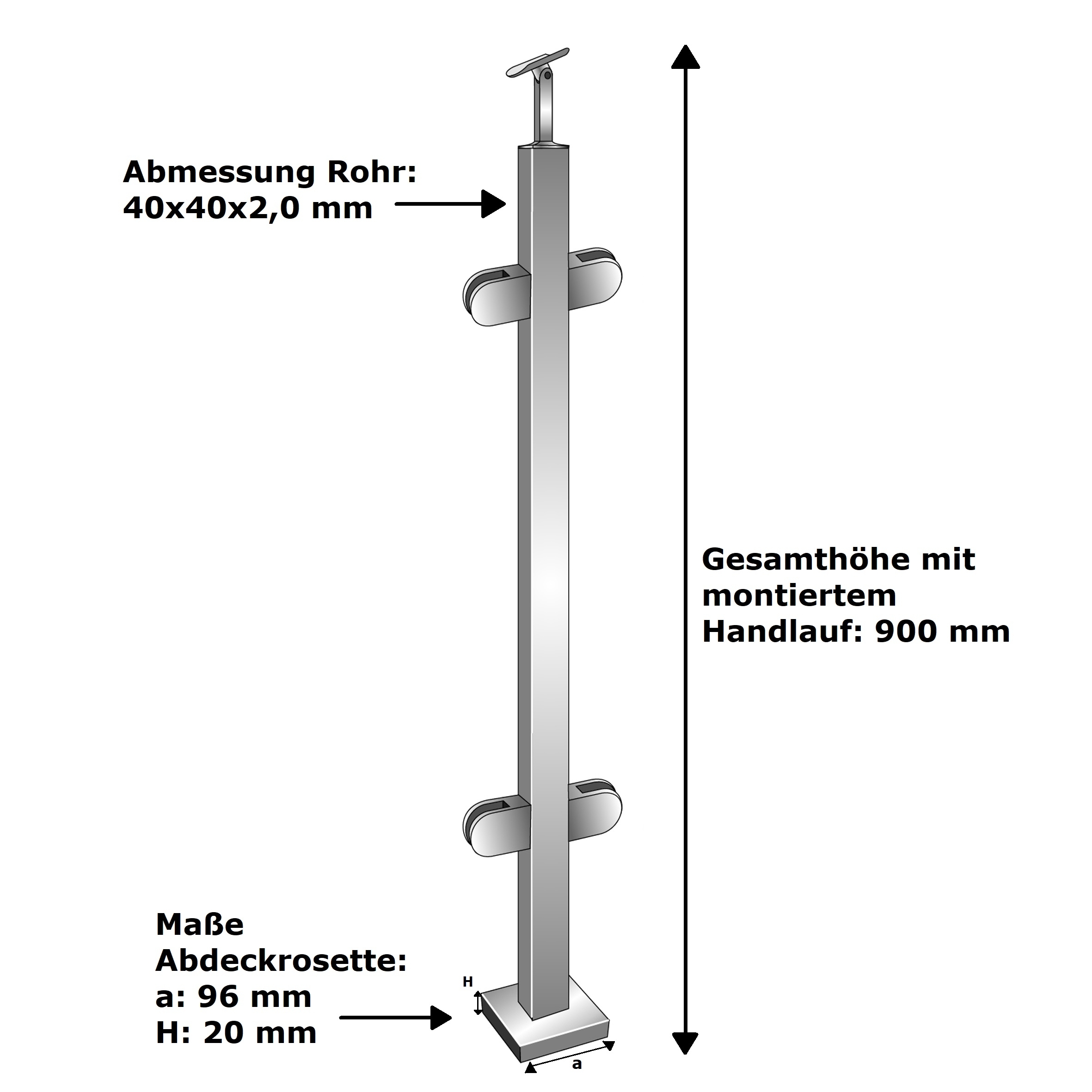 Geländerpfosten | Mittelpfosten | Länge: 900 mm | für aufgesetzte Montage | V2A