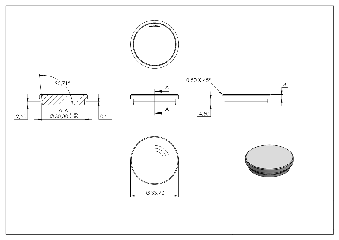 Stopfen flach V2A Vollmaterial für Ø 33,7x2,0 mm - dünne Ausführung verjüngt