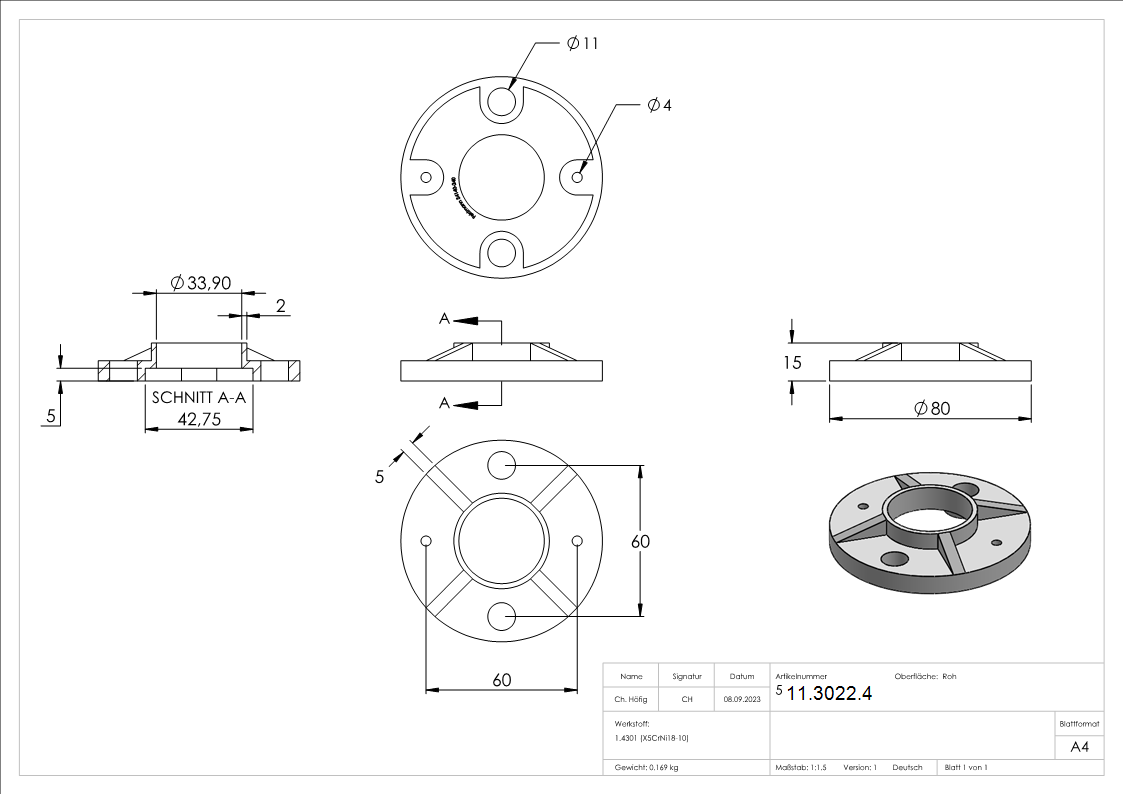 Ankerplatte  Masse- Ø 80x8 mm fuer Rundrohr Ø 33-7 mm V2A- roh-11-3022.4