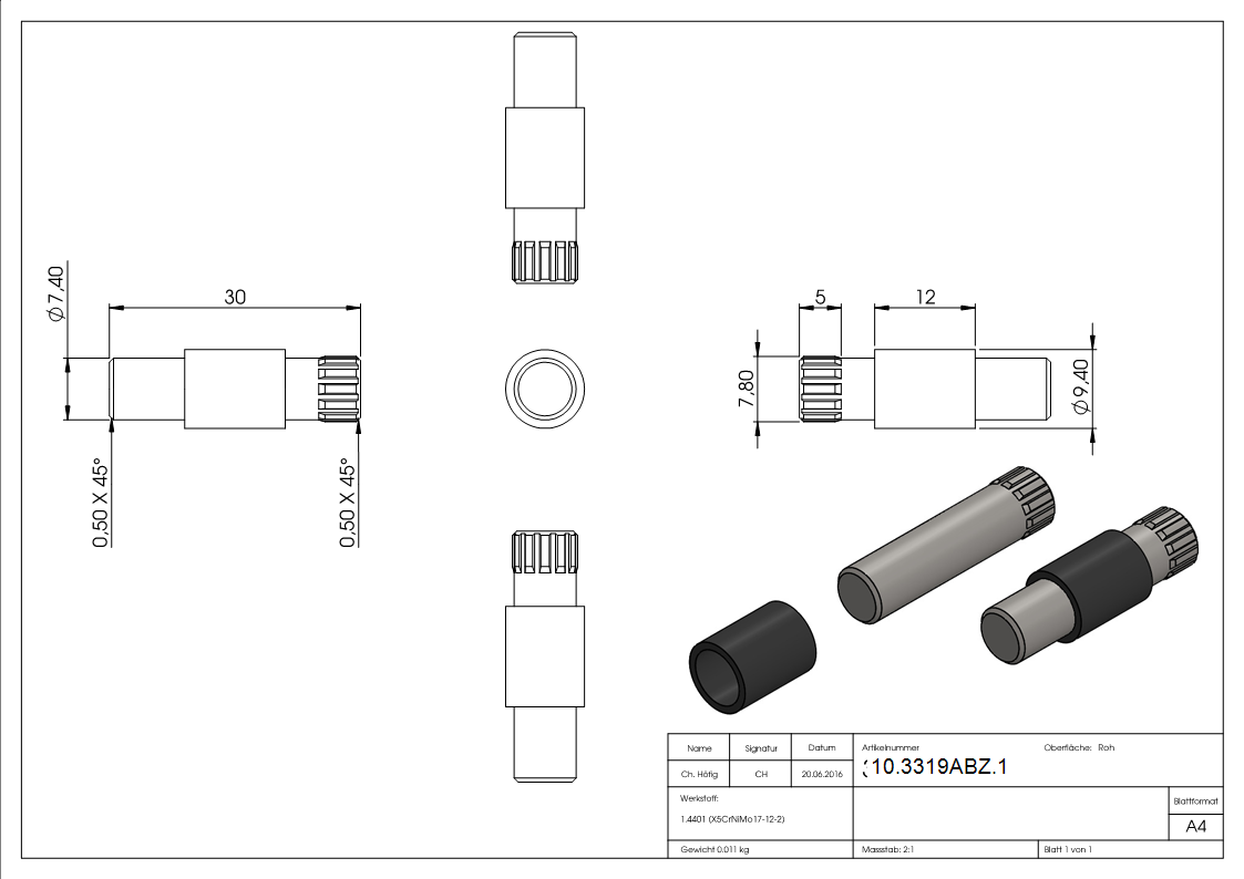1 Sicherungsstift zu Glasklemme 60x70x45 mm AbZ V4A