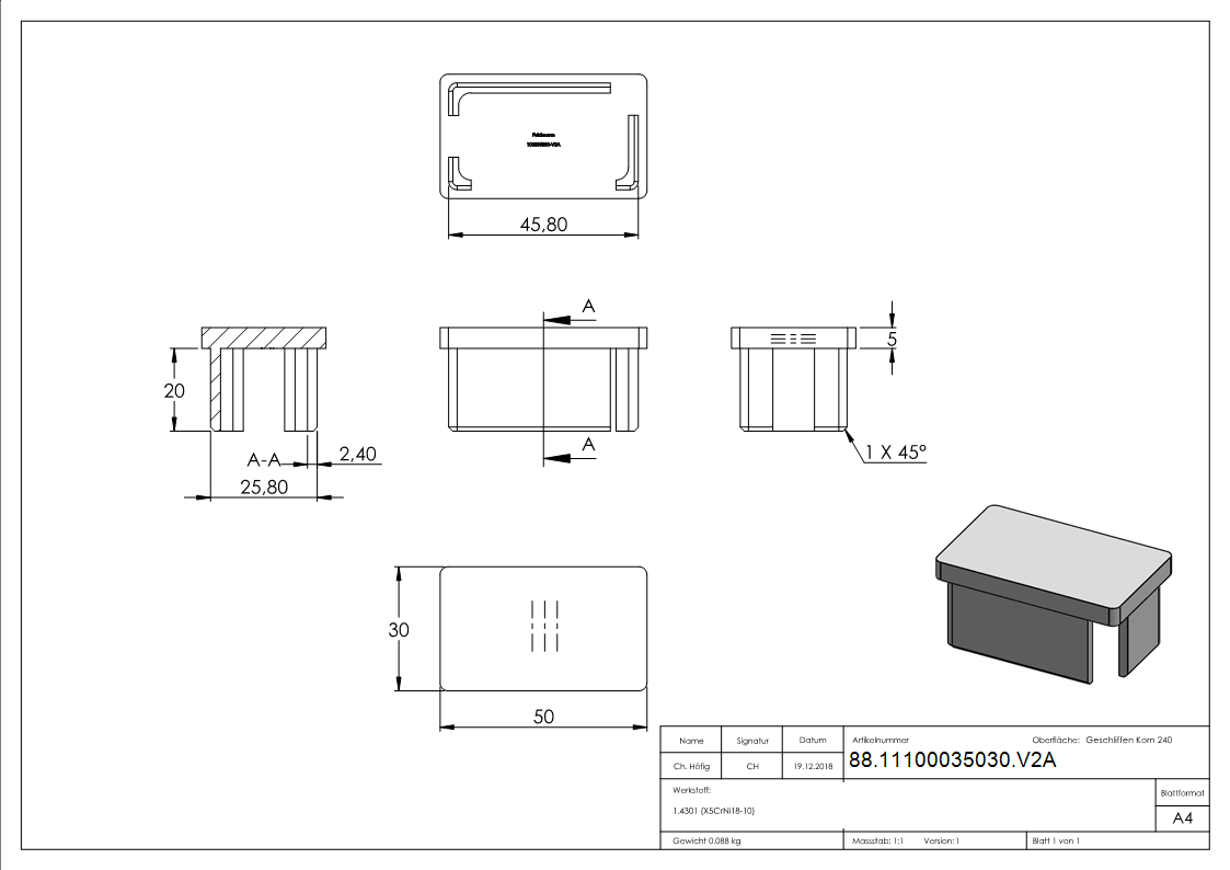 Einsteckkappe, für Rohr 50 x 30 x 2,0mm, V2A