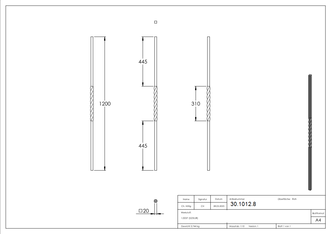 Anfangsstab Pfosten Länge: 1200 mm Material: 20x20 mm Stahl S235JR, roh