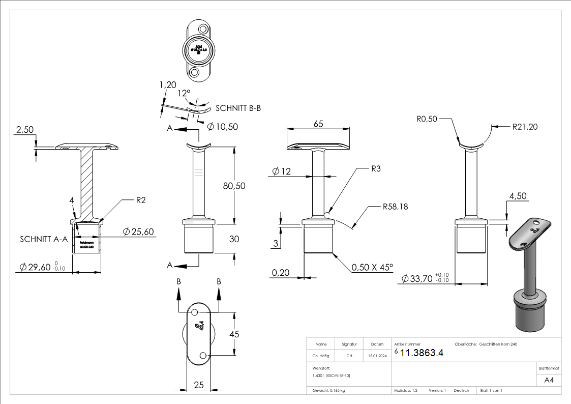 Handlaufstuetze aus einem Stueck mit Halteplatte V2A-11-3863.4