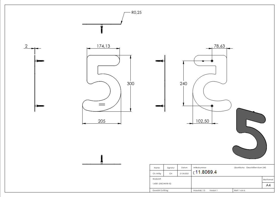 Hausnummer 5 | groß | Maße: 200 mm x 300 mm | V2A