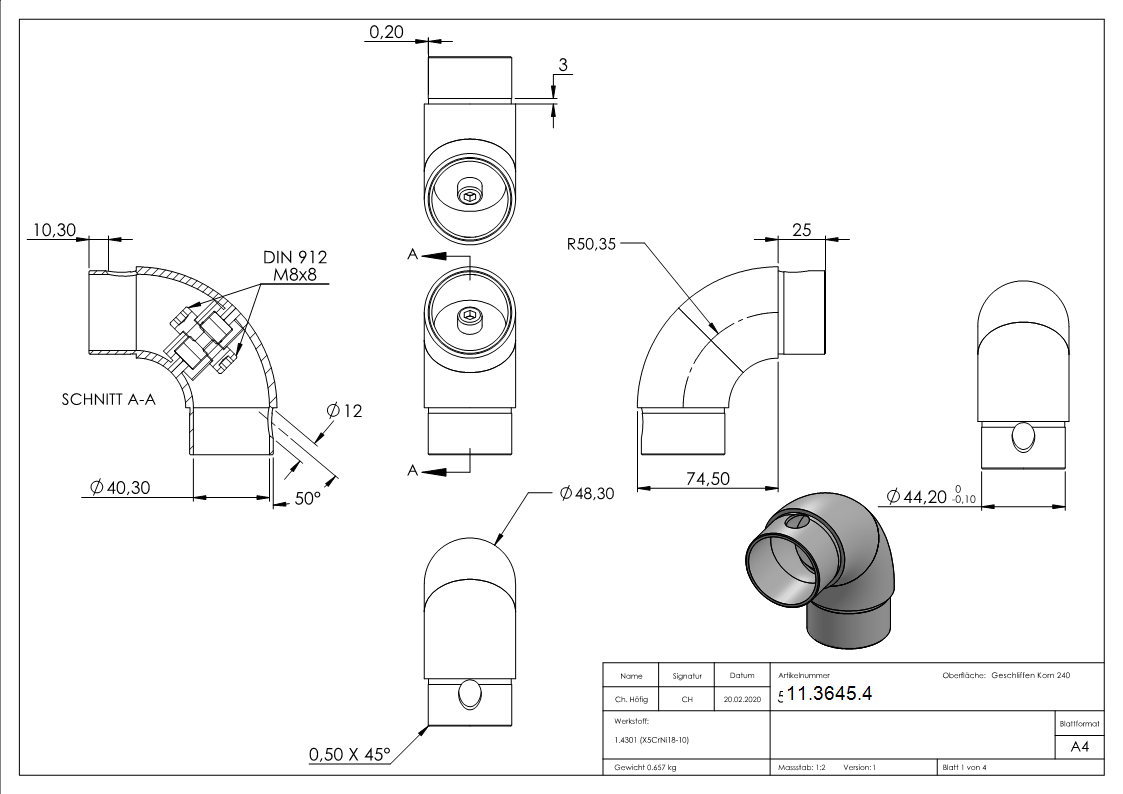 Rohrbogen verstellbar, für Rundrohr Ø 48,3x2,0 mm V2A