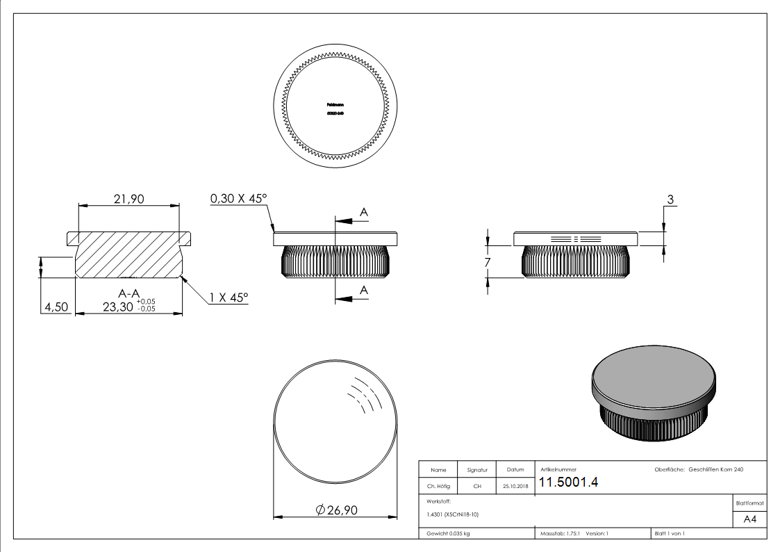 Rohrstopfen für Ø 26,9x2,0 mm flach 	zum Einschlagen | V2A