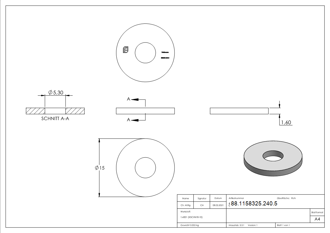 Beilagscheibe groß für M5 Schrauben, ISO 7093-1, A2