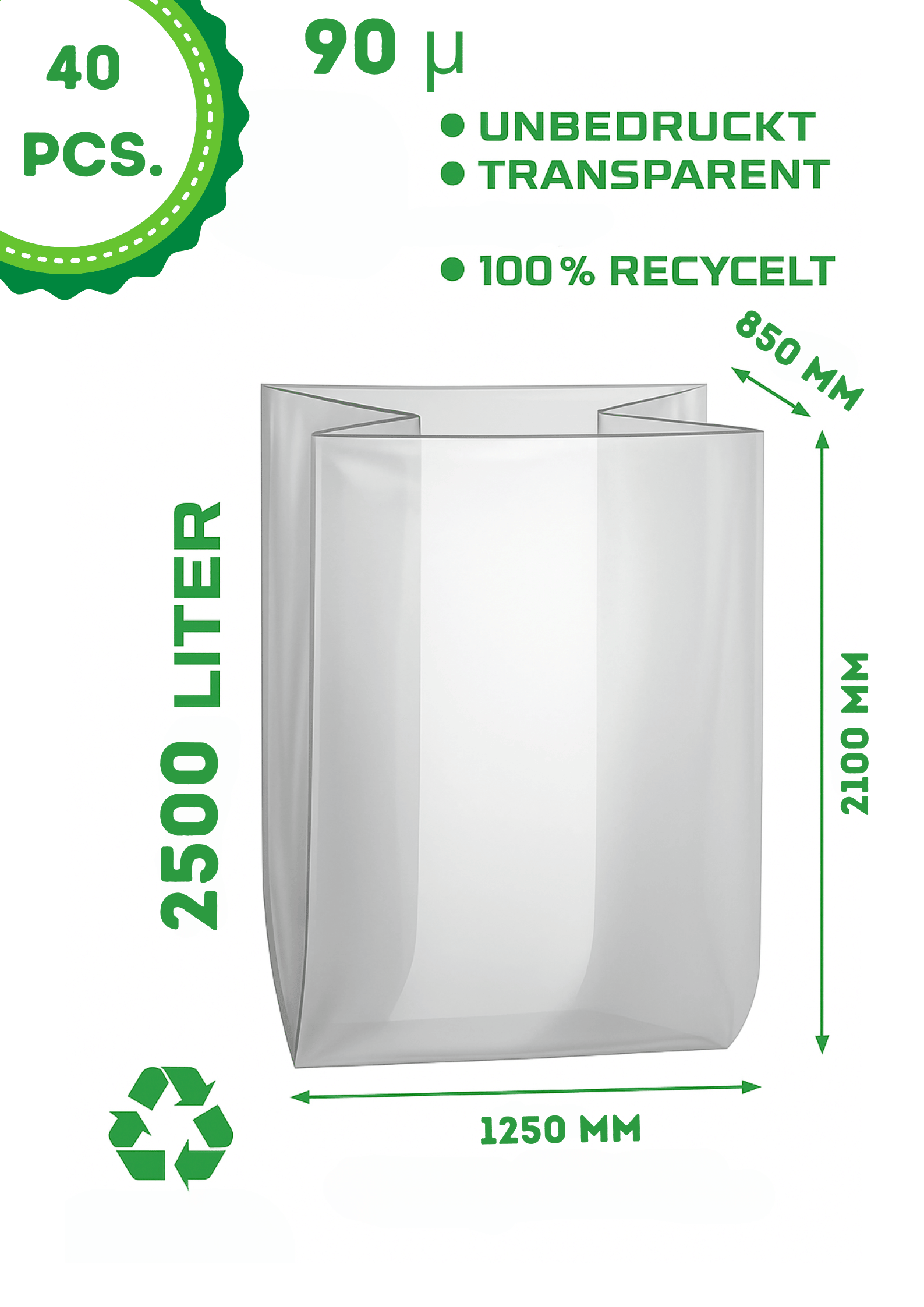Seitenfaltensäcke 90 µ umweltfreundlich aus Polyethylen (PE) Länge 2100mm Breite 1250mm | 2500 Liter | Anzahl 40