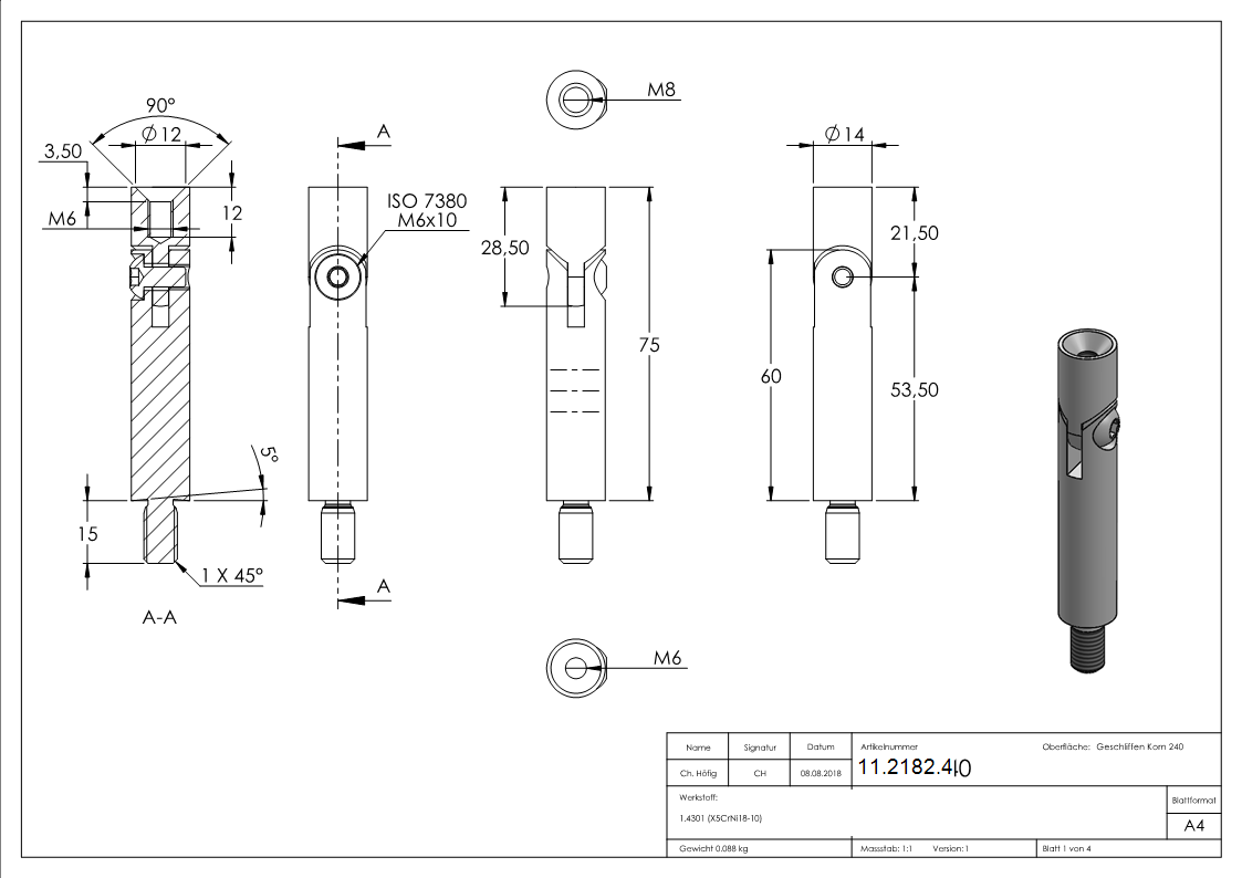 Edelstahl Gelenkstift Ø 14 x 76 mm - verstellbar - Aussen - und Innengewinde -V2A-11-2182.4