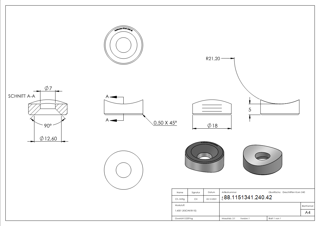 Ausgleichsstück Ø 18mm für Rundrohr Ø 42,4mm mit Senkbohrung 6,5 mm, V2A