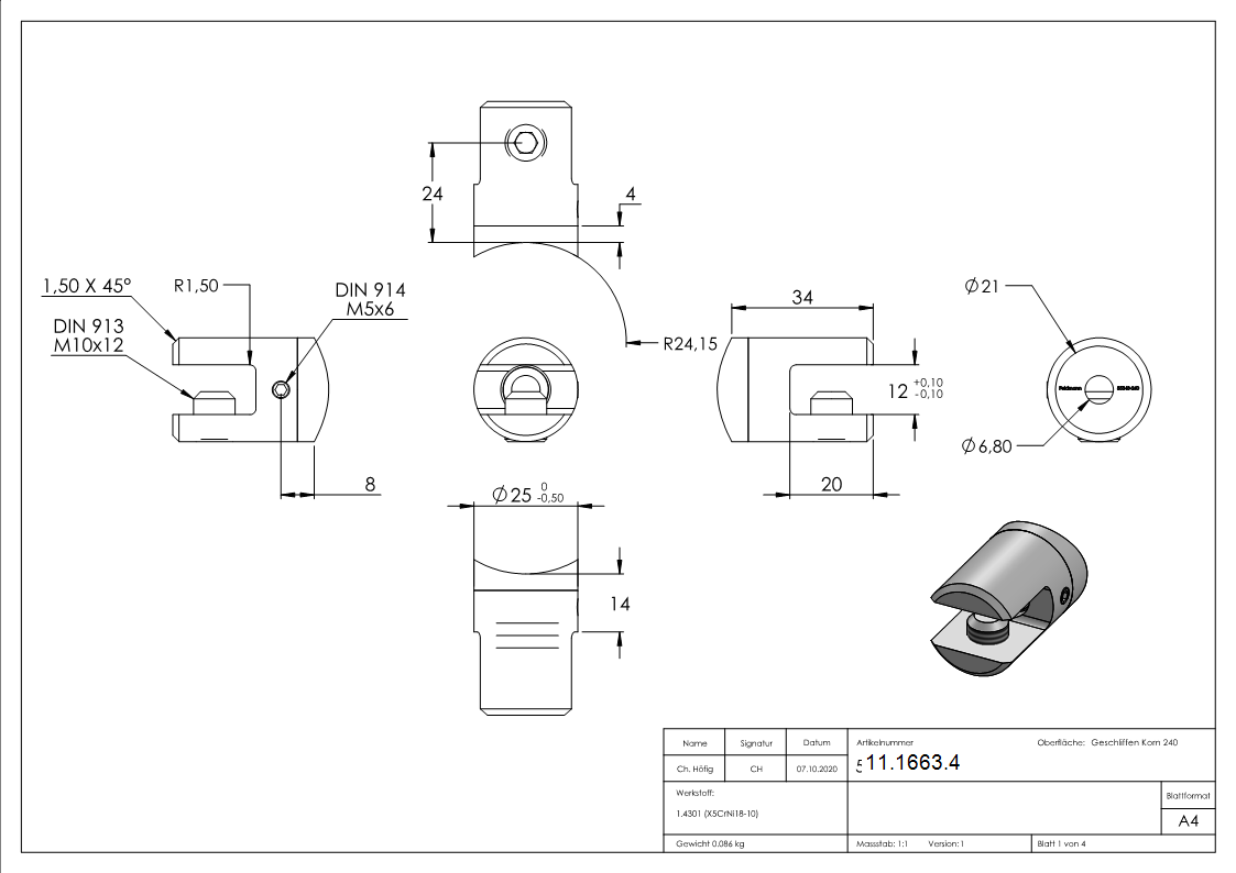 Querstab-Plattenhalter V2A Edelstahl Ø 25 mm – Anschluss 48-3 mm inkl- Schrauben-11-1663.4