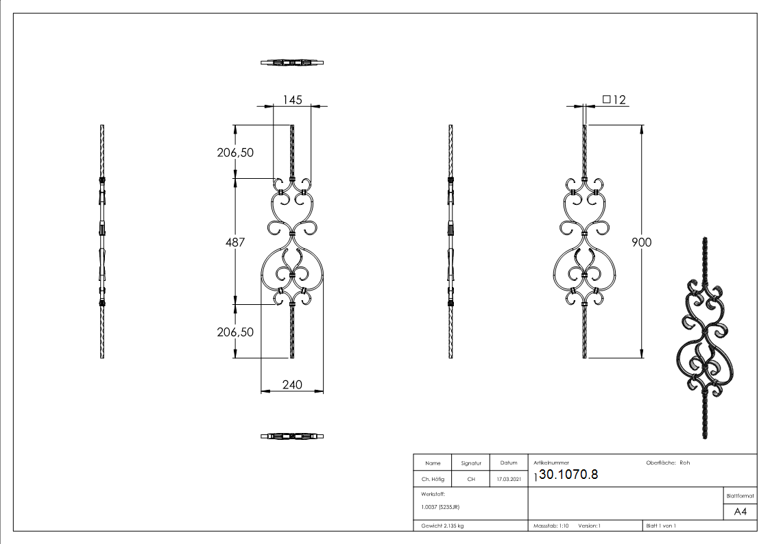 Zierstab - Laenge- 900 mm - Material- 12x12 mm - gehaemmert - Stahl -Roh- S235JR-30-1070.8