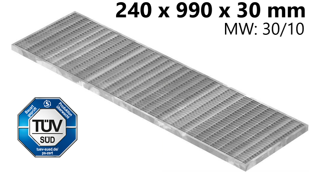 Garagen-Gitterrost | Maße:  240x990x30 mm 30/10 mm | aus S235JR (St37-2), im Vollbad feuerverzinkt