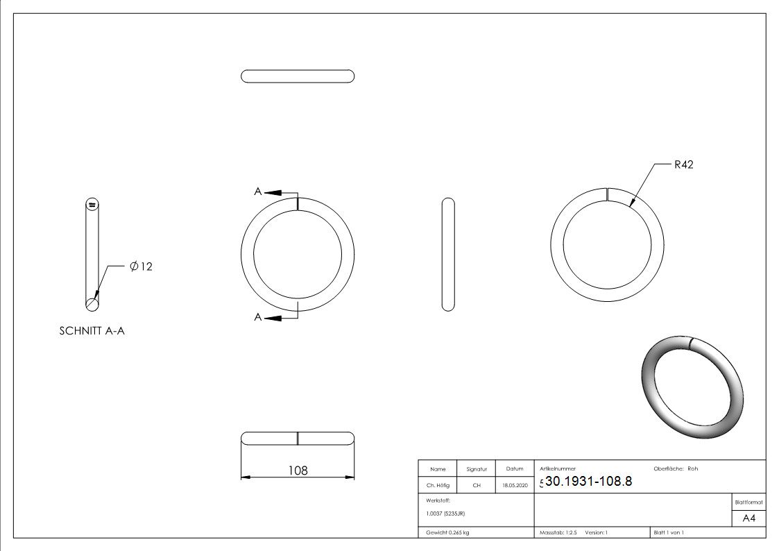 Ring - Material- 12 mm - Aussen-Ø 108 mm - Stahl S235JR- roh-30-1931-108.8
