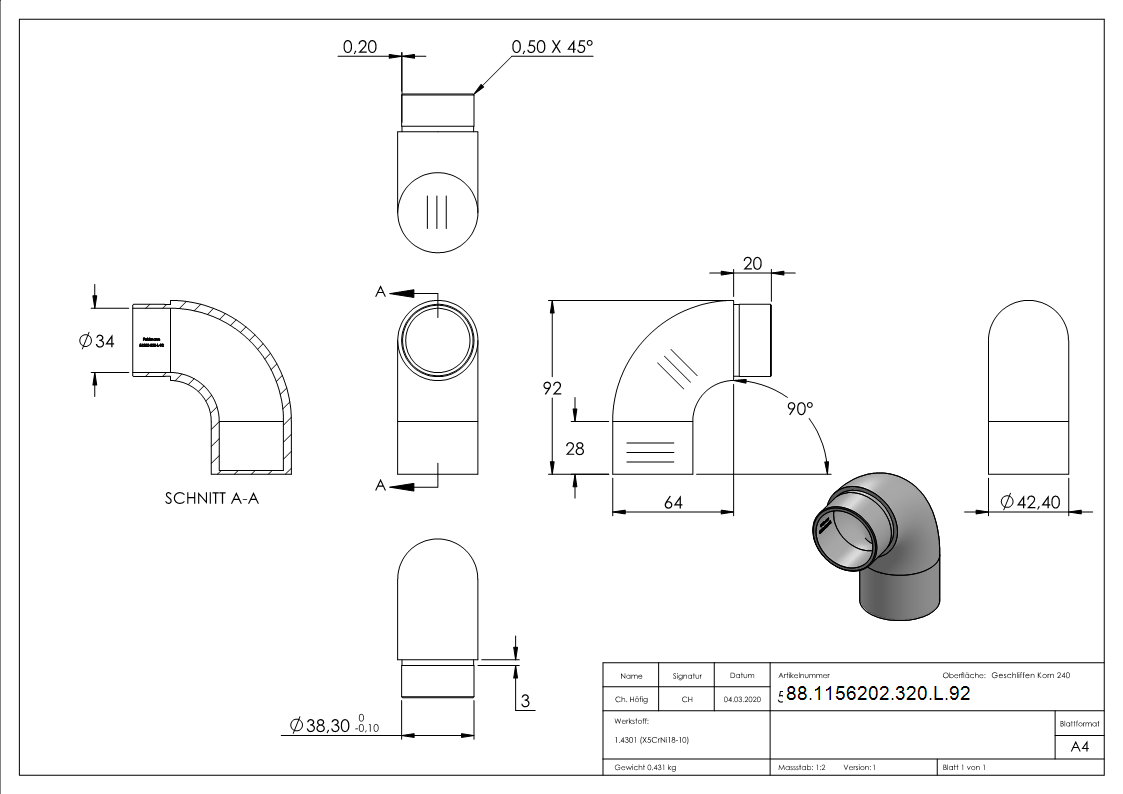 Endstück 90° flach, für Rohr 42,4 x 2,0mm