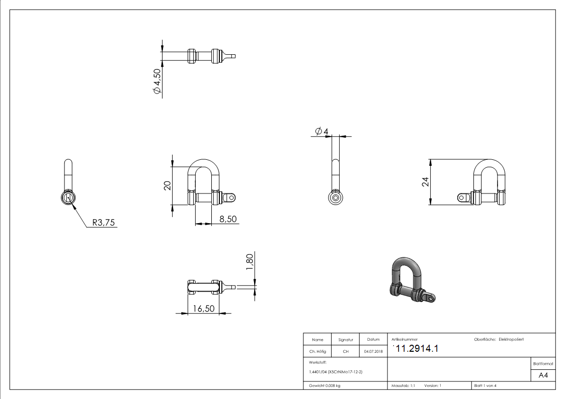 Schäkel | für Seil Ø: 4 mm | V4A
