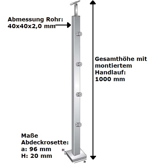 Geländerpfosten | Treppenpfosten | Länge: 900 mm | für aufgesetzte Montage | V2A