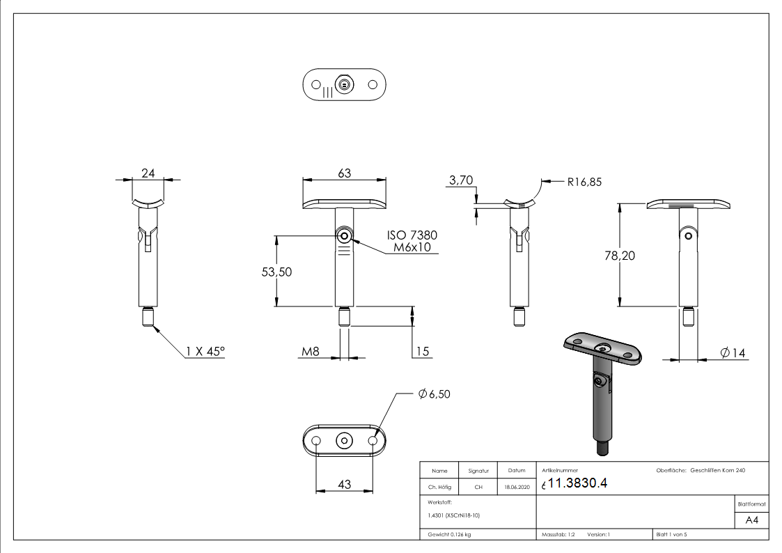 Gelenkstift mit Halteplatte | Anschluss: Ø 33,7 mm | V2A