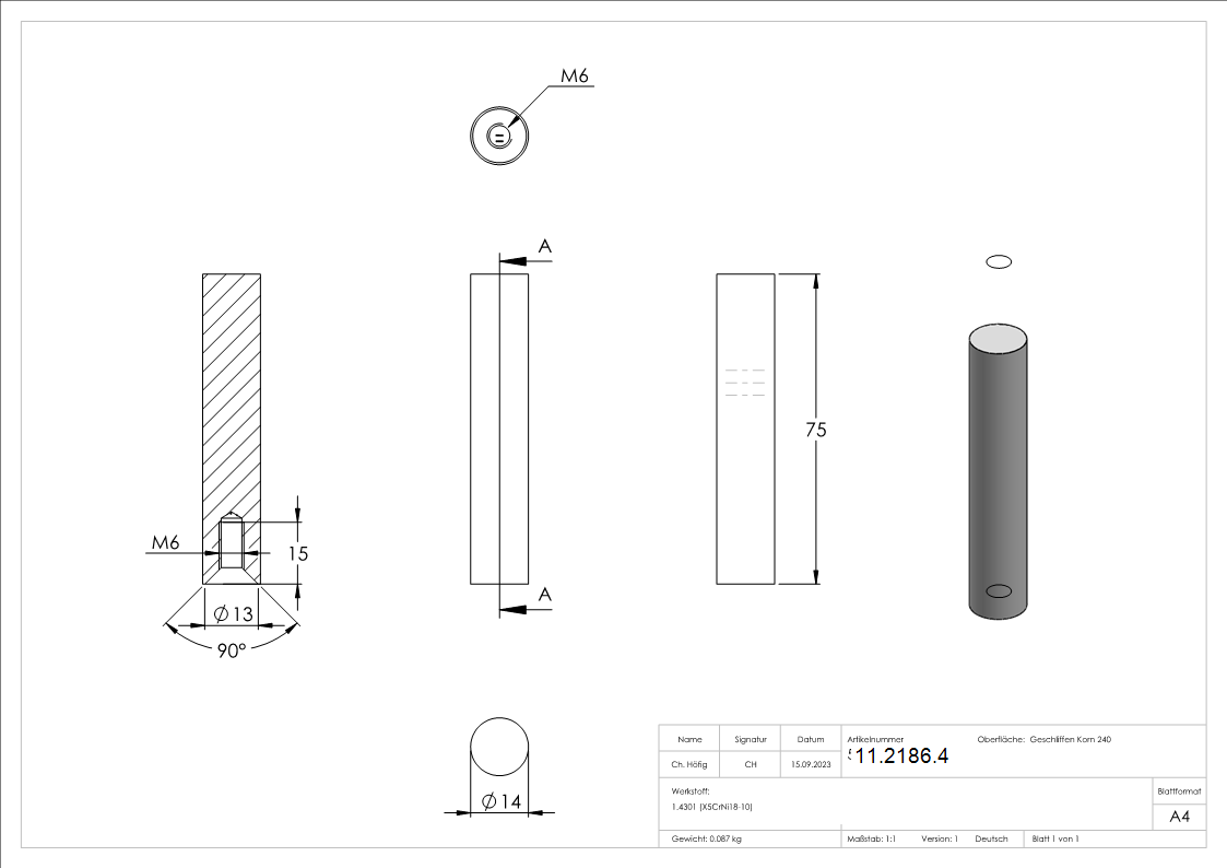 Edelstahl Traegerstift Ø 14 x 75 mm - M6x15 Innengewinde - zum Anschweissen -V2A-11-2186.4