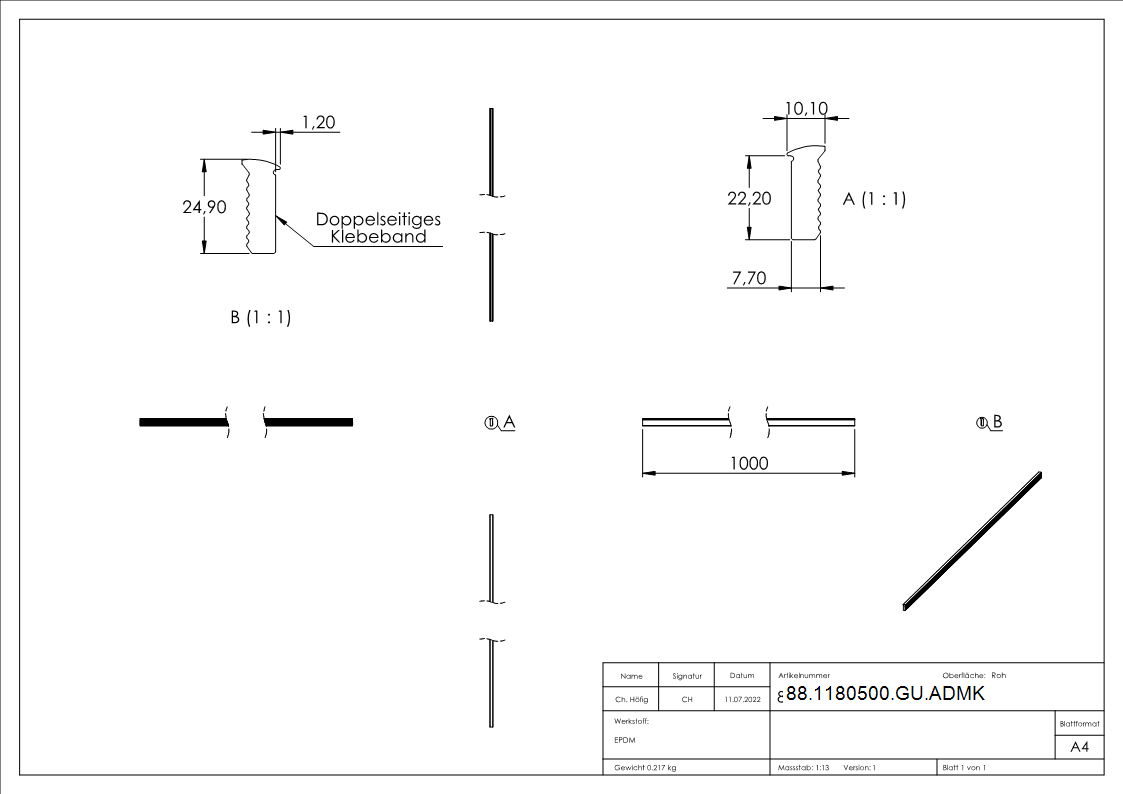 Abschlussdichtung oben, EPDM 80+-5° Shore, schwarz