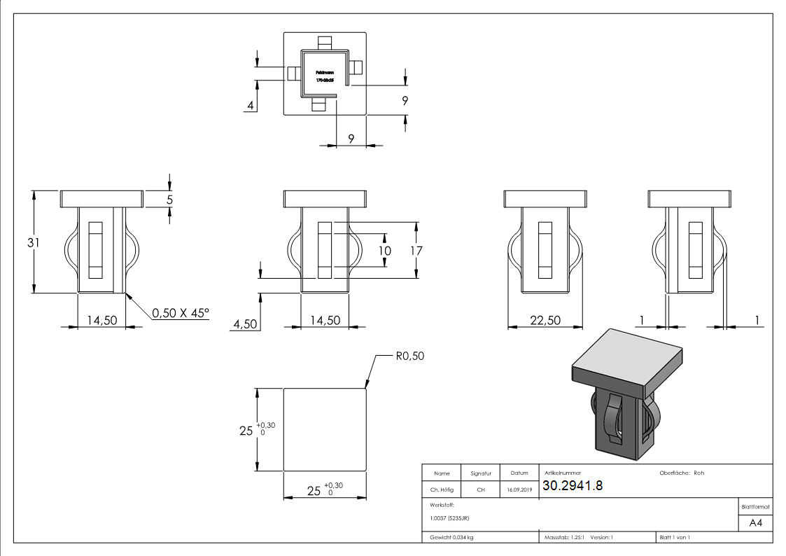 Stahlstopfen flach | für Rohr 25x25x1,5-2,0 mm | Stahl S235JR, roh