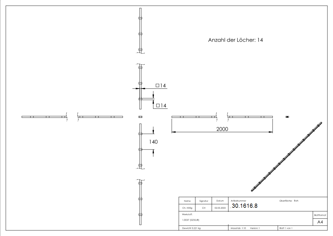 Lochleiste | für Quadratrohr | Material: 14x14 mm | Länge: 2000 mm | Stahl S235JR, roh