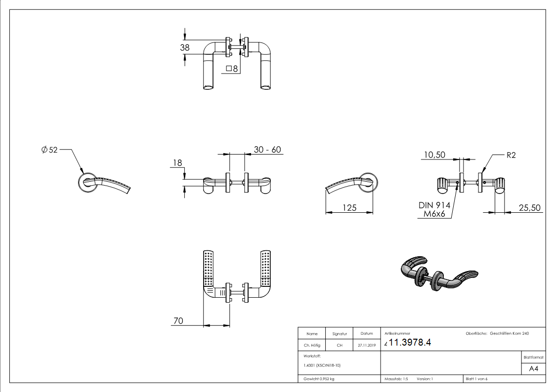 V2A Türdrückerpaar drehbar inklusive 8 mm Drückers