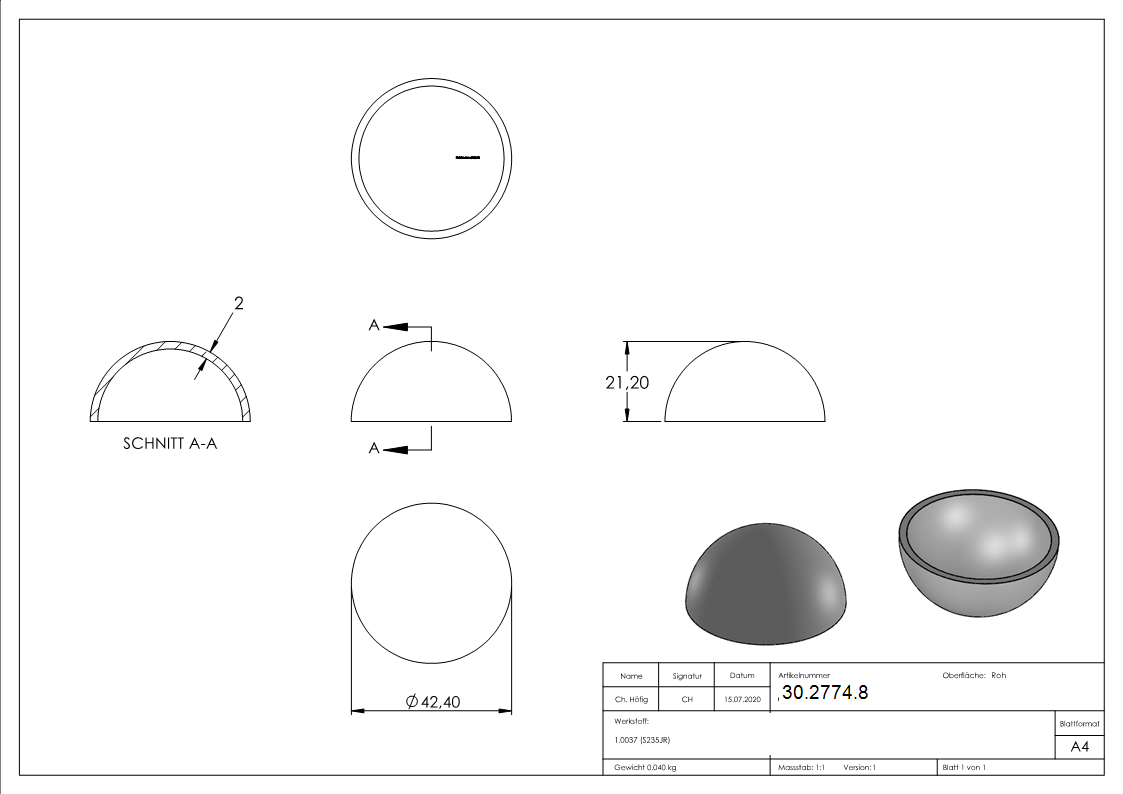 Halbhohlkugel Ø 42 mm | glatt | Stahl S235JR, roh