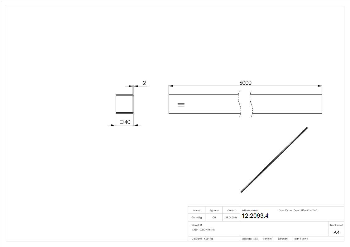 Vierkantrohr 40x40x2,0 mm á 6 m V2A Edelstahl