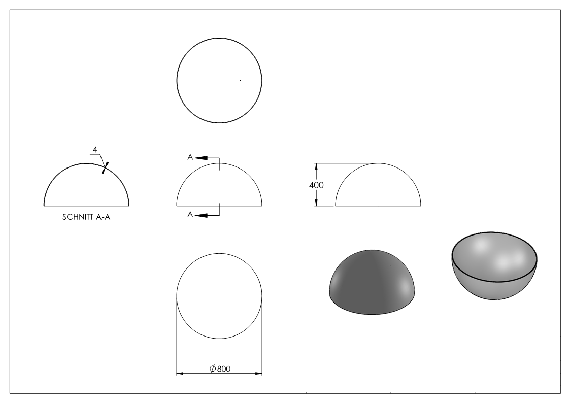 Halbhohlkugel Ø 800 mm | glatt | Stahl S235JR, roh