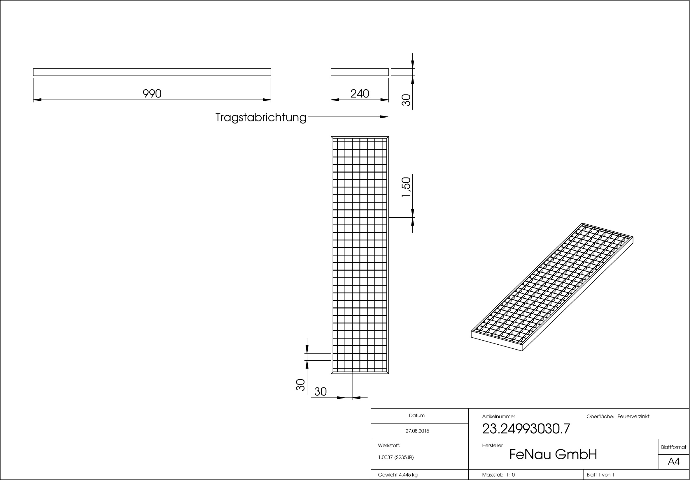 Garagen-Gitterrost | Maße:  240x990x30 mm 30/30 mm | aus S235JR (St37-2), im Vollbad feuerverzinkt