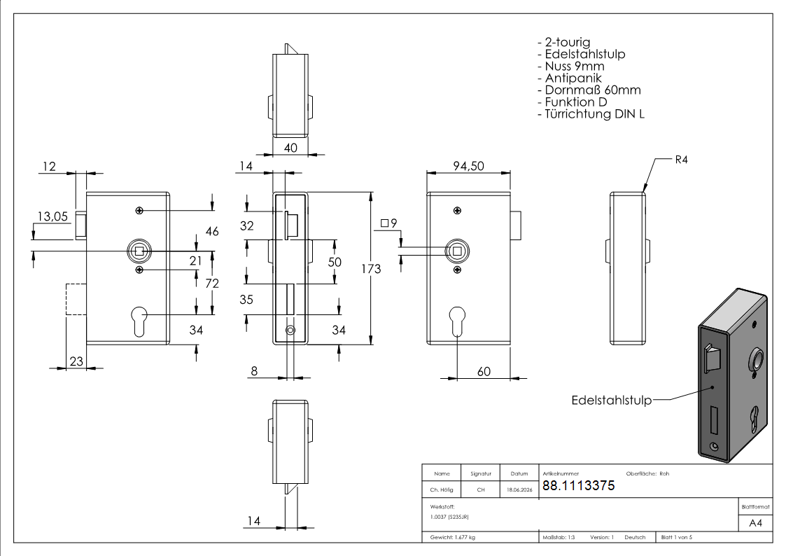 Anti-Panikschloss verzinkt Dornmass 40 mm Durchgangsfunktion D DIN L-88.1113375