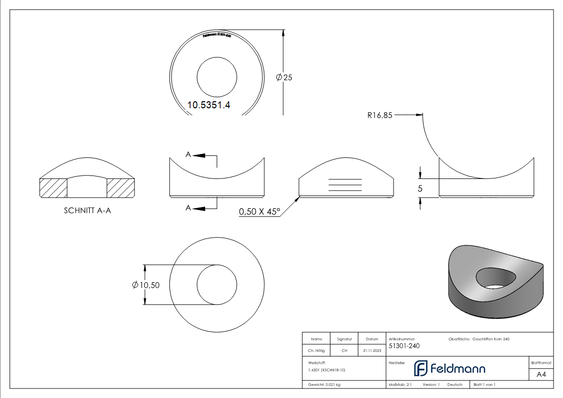 Ausgleichsstück Ø 25 mm für Rundrohr Ø 33,7 mm V2A