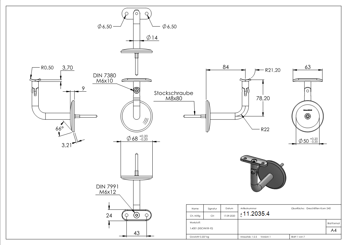Handlaufhalter mit Gelenk und Halteplatte für Ø 42,4 mm V2A