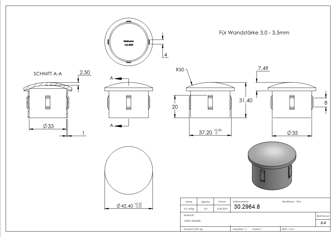Stahlstopfen | leicht gewölbt | für Rohr Ø 42,4 x 3,0-3,5 mm | Stahl (Roh) S235JR