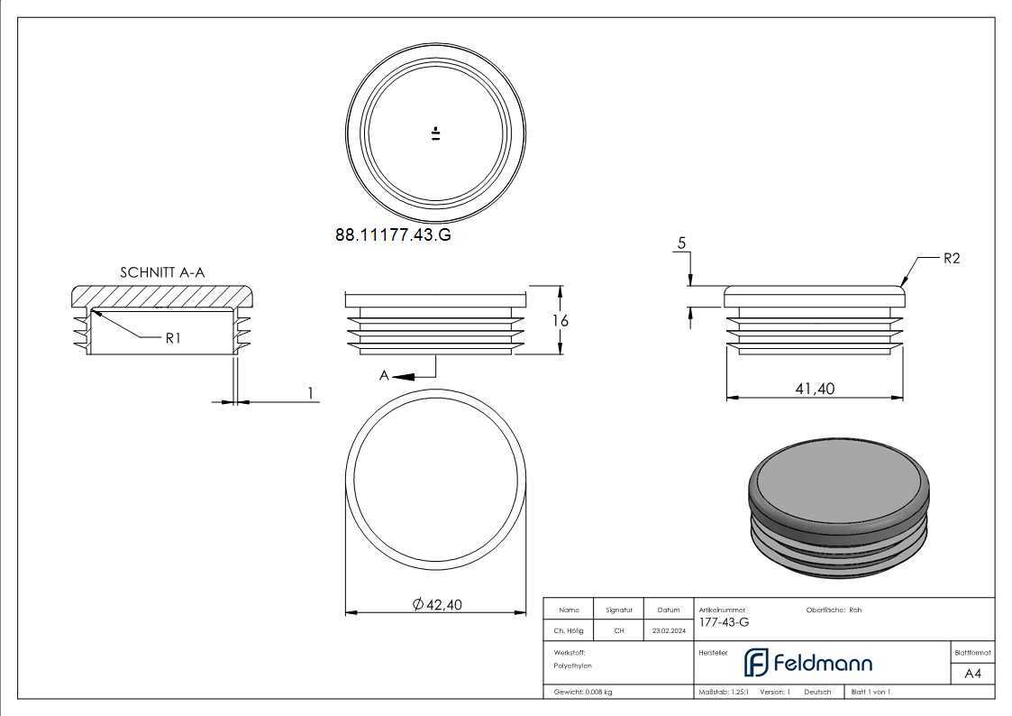 Kunststoffkappe fuer Rundrohr 42-4mm-88-11177-43.G