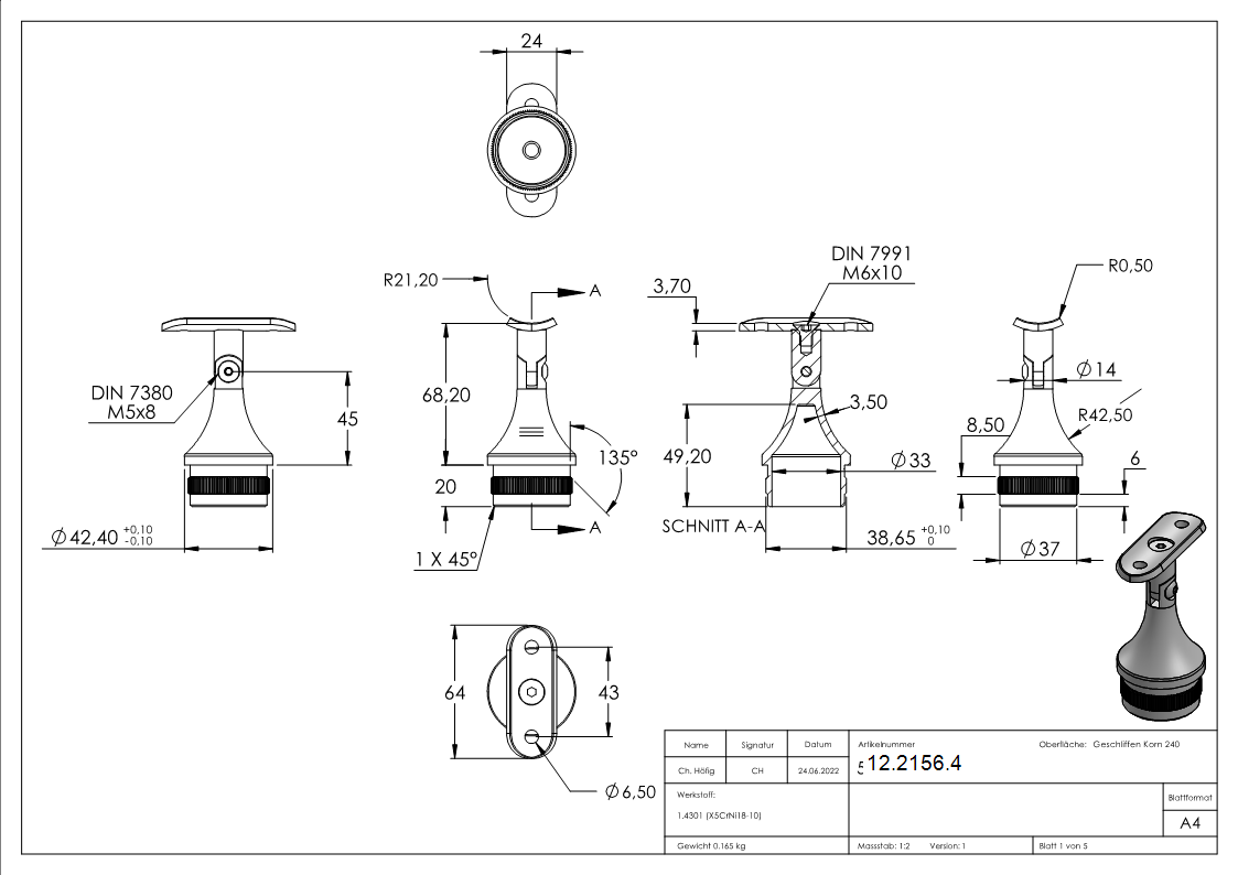 Stütze mit Gelenk und Halteplatte für Rundrohr Ø 42,4 mm V2A