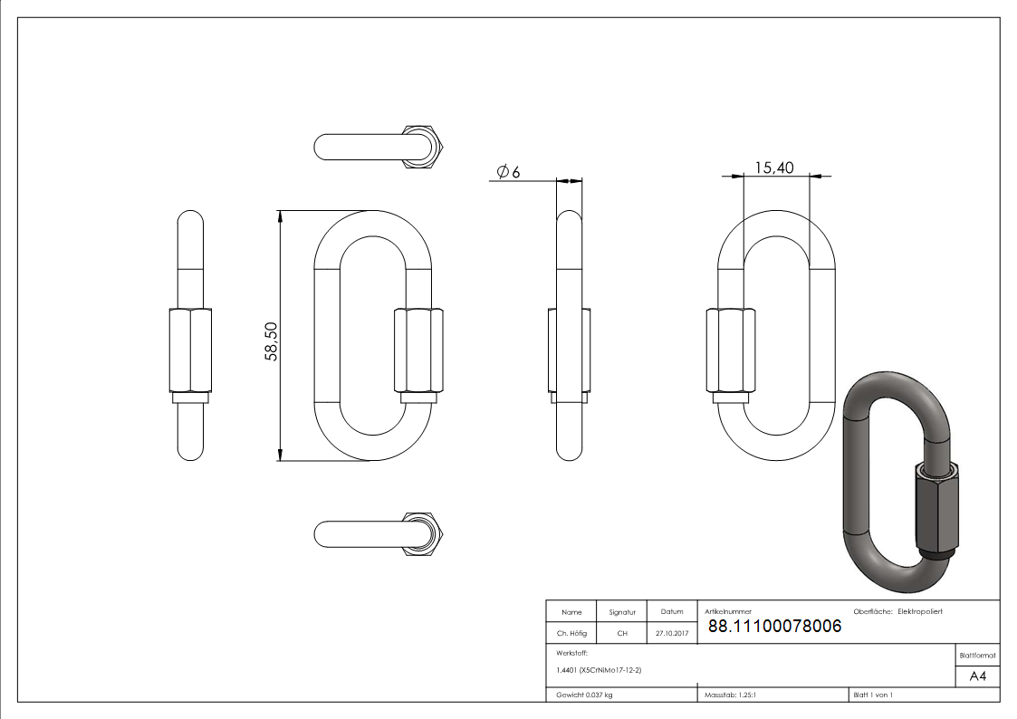 Schraubverbinder Edelstahl V4A 6 mm fuer Aussen- und Kuestenbereich-88.11100078006