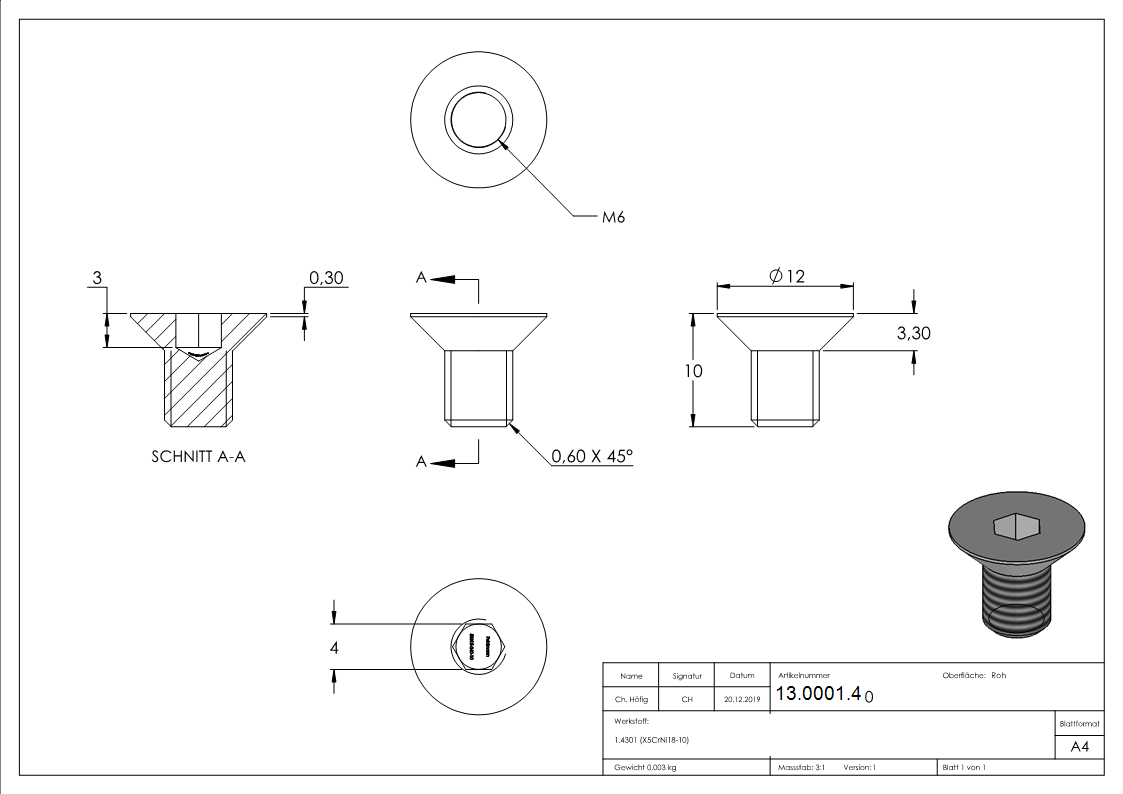 Senkkopfschraube V2A Edelstahl M6x10 mit Innensechskant ISO 10642-13-0001.4
