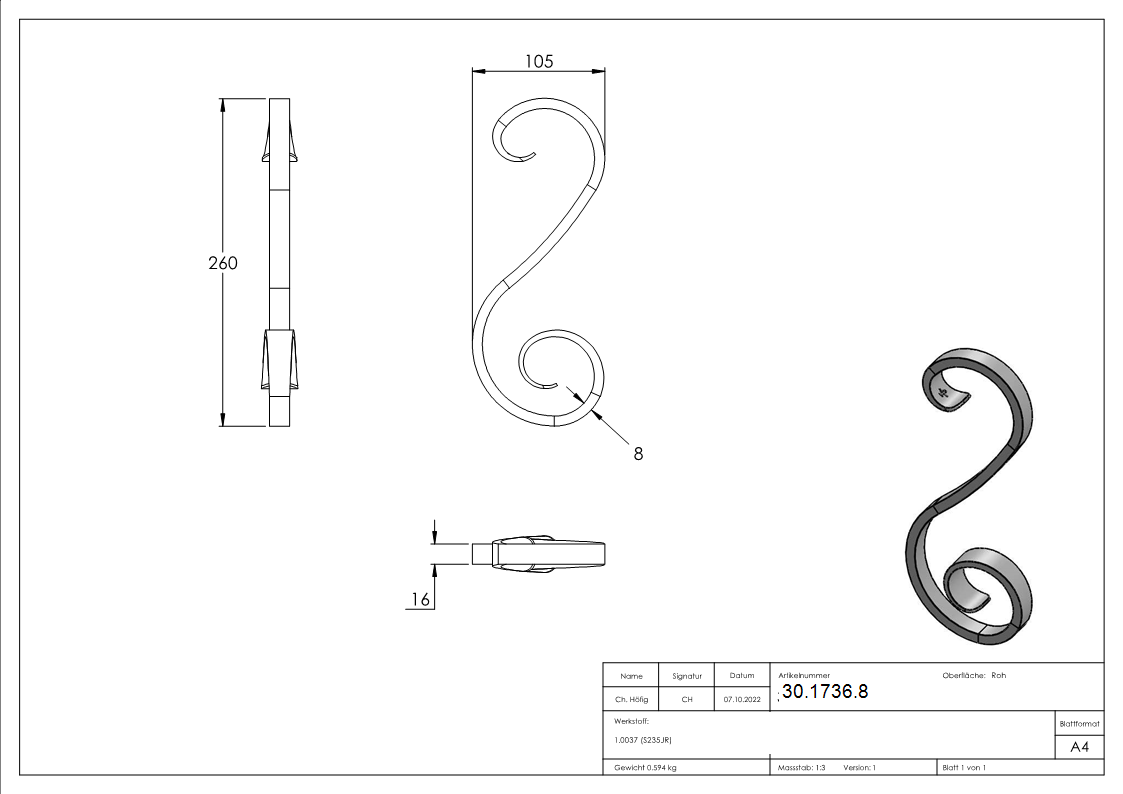 16er Serie - Masse- 105x260 mm - Material- 16x8 mm- glatt - Stahl S235JR- roh-30-1736.8