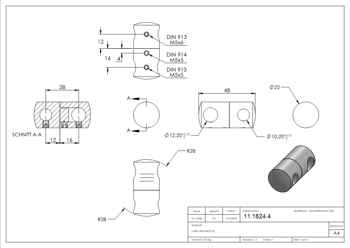 Querstabhalter V2A Edelstahl – Doppel fuer 2 Rundstaebe 12 mm und 10 mm inkl- Schrauben-11-1624.4