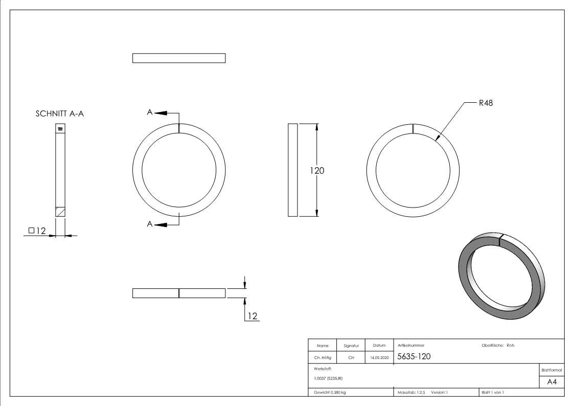 Ring | Material: 12x12 mm | Außen-Ø 120 mm | Stahl S235JR, roh