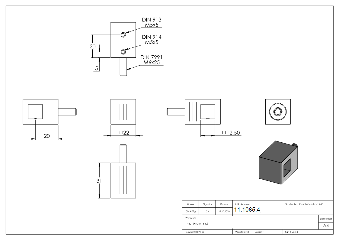 Querstabhalter V2A Edelstahl – Vierkant (Quadratisch)  Anschluss FLACH für Vierkantmaterial 12x12 mm inkl. Schrauben