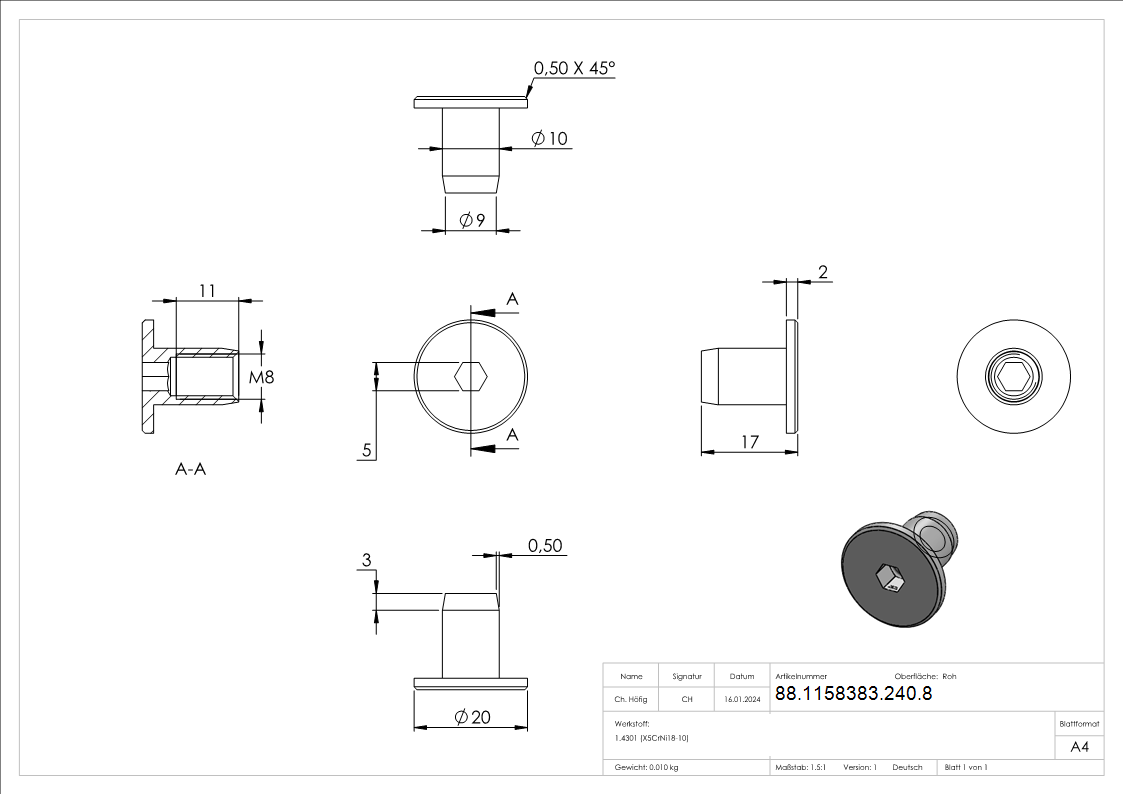 Hülsenmutter mit Flachkopf und ISK, M8, V2A