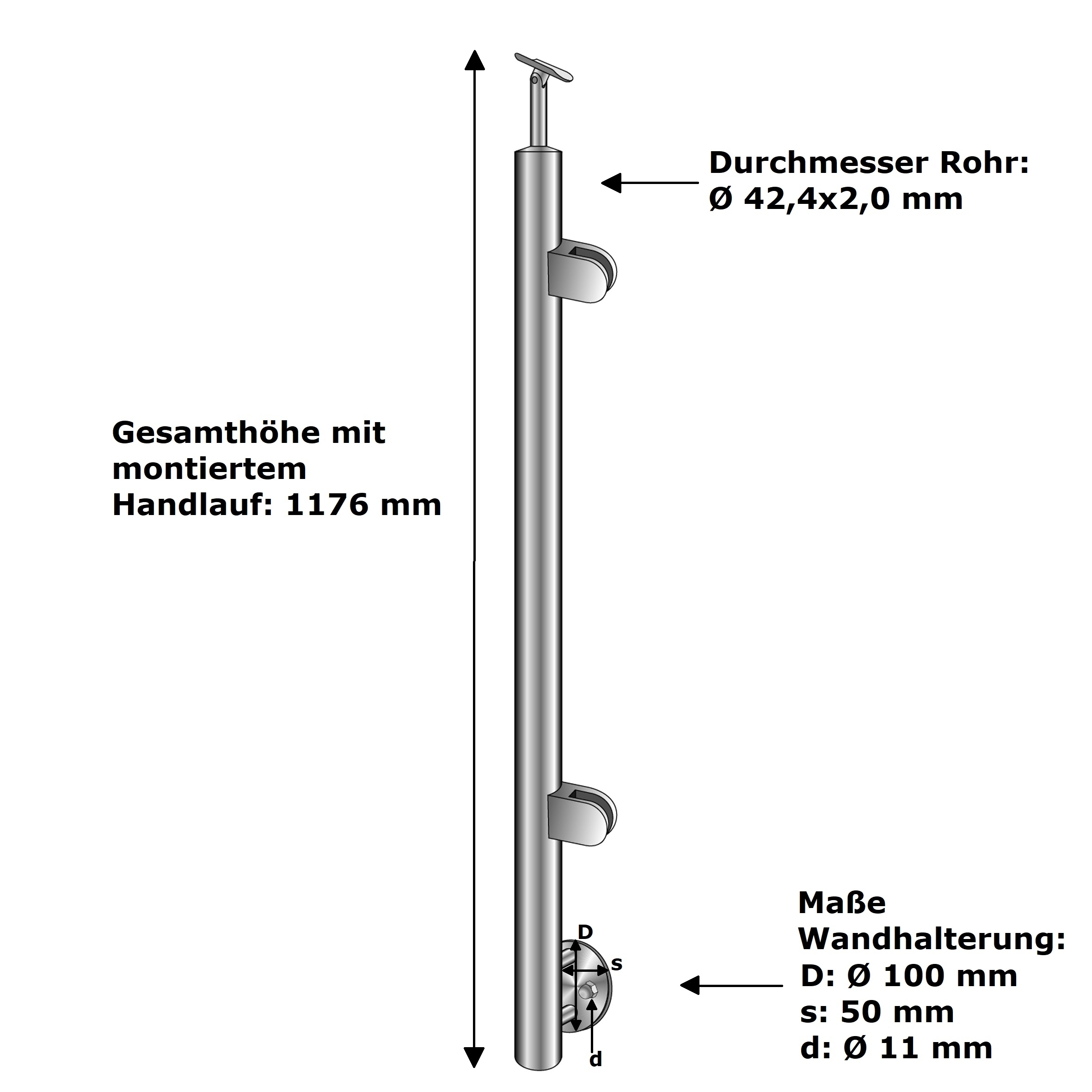 Gelaenderendpfosten Edelstahl AISI 304 flach 1000 mm Seitenverankerung rechts fuer Glas 8-76 mm-14-0042RG-A.4