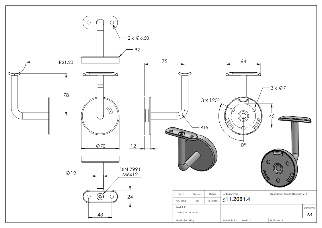Handlaufhalter V2A Wandabstand 75 mm fuer Rohr 42-4 mm mit Abdeckrosette verschweisst-11-2081.4