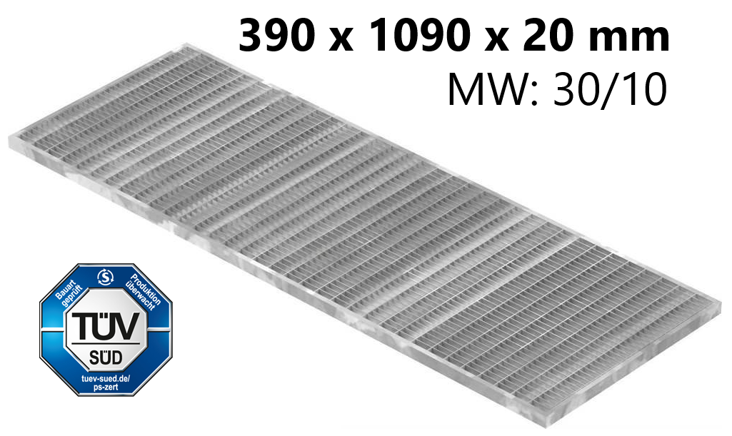 Lichtschachtrost Baunormrost | Maße:  390x1090x20 mm 30/10 mm | aus S235JR (St37-2), im Vollbad feuerverzinkt